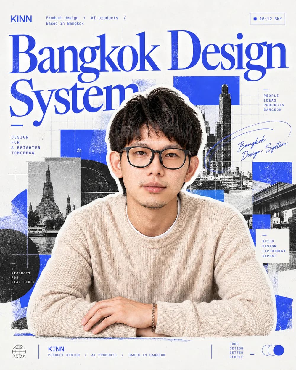 Poster of Kinn, wearing glasses and a beige sweater, in front of Bangkok landmarks, with the title Bangkok Design System